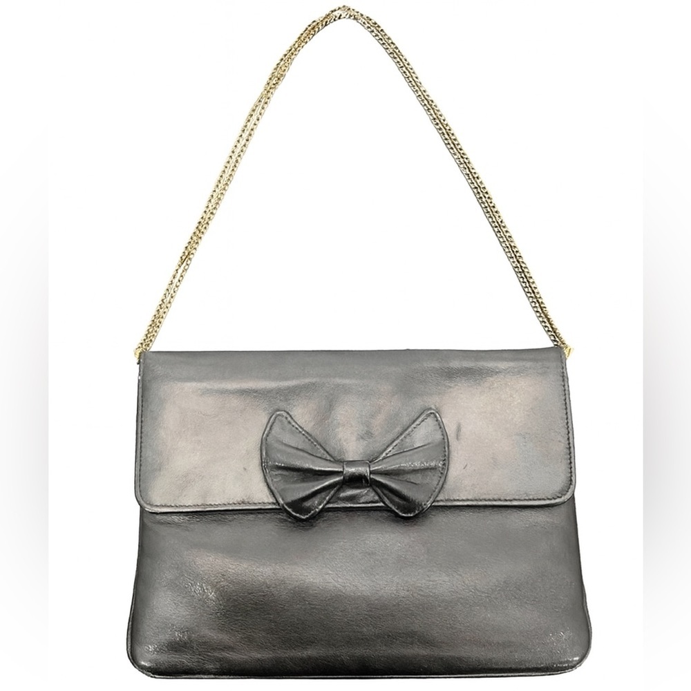 Vintage Black Leather Purse with Bow Detail & Gold Chain Strap